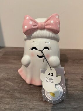 Absolutely Adorable Goblin & Ghoul Light-up Pink Bow Ceramic Ghost- NWT